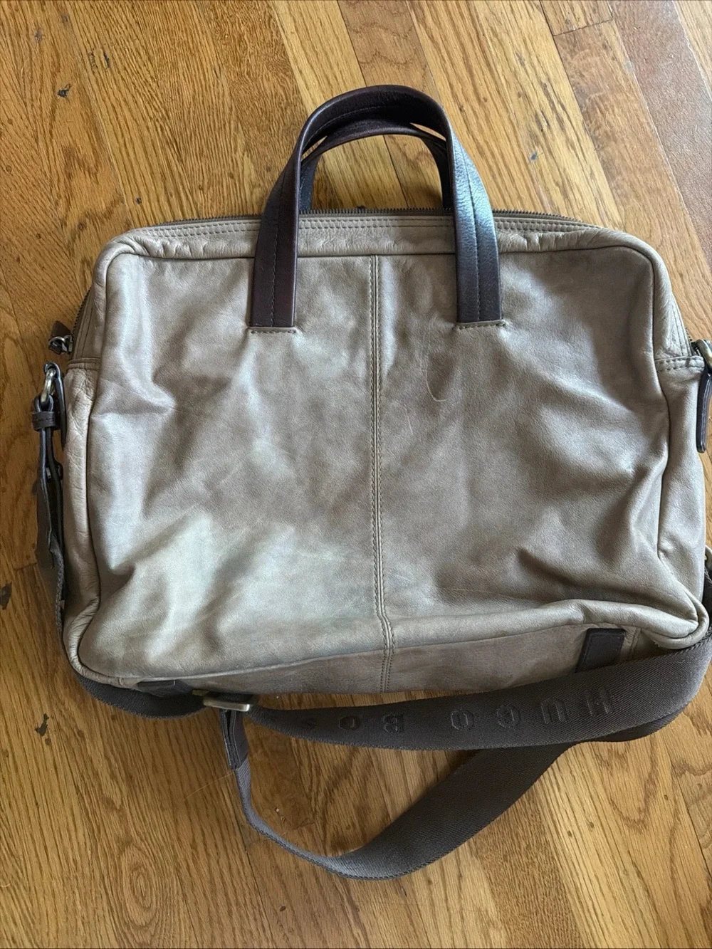 Boss Beige Canvas Laptop Bag with Brown Leather Handles